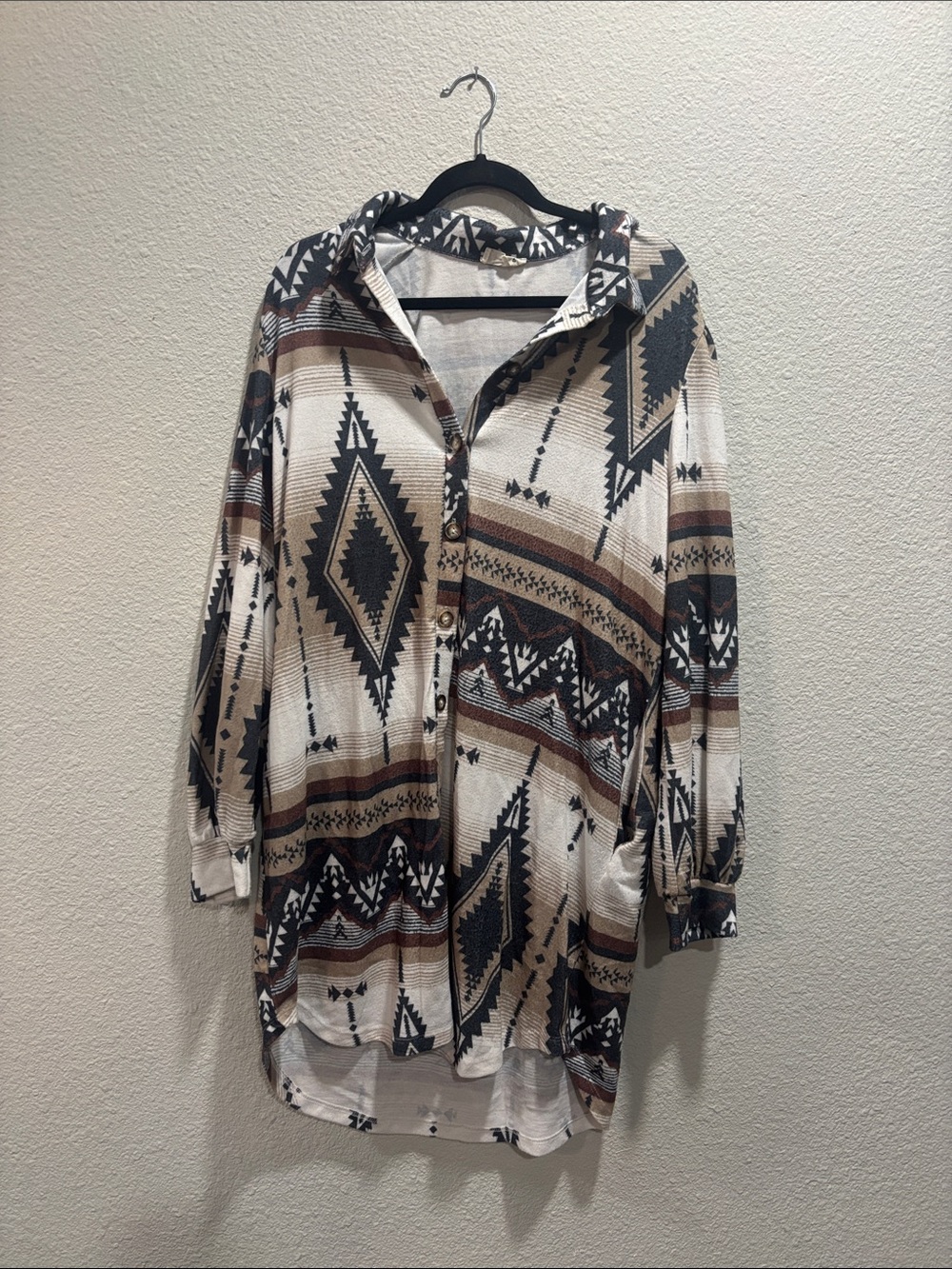 Avery Aztec Button-Front Tunic in Cream, Brown & Black